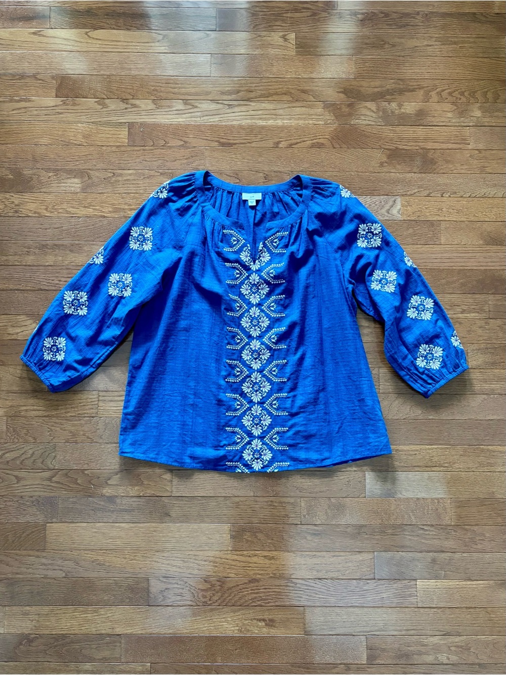 J. Jill Cobalt Blue Cotton Blouse with Nordic Embroidered Floral Print